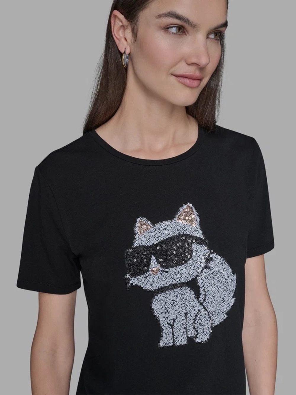 Karl Lagerfeld Paris Black Sequin Cat Tee